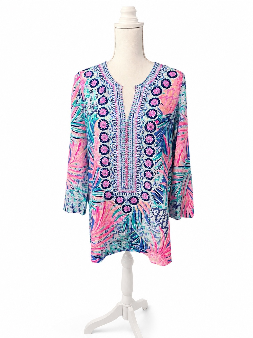 Lilly Pulitzer Renato Dinner Tunic Gypset Paradise 100% Silk Beaded Size SM NWT